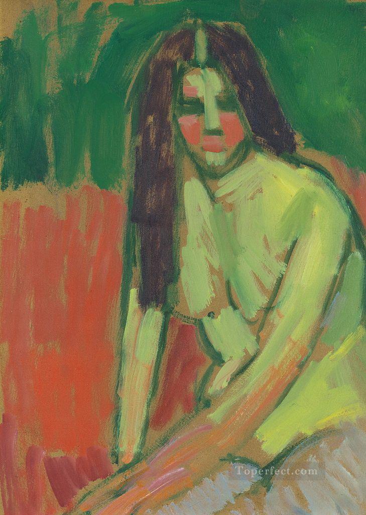 half nude figure with long hair sitting bent 1910 Alexej von Jawlensky Expressionism Oil Paintings